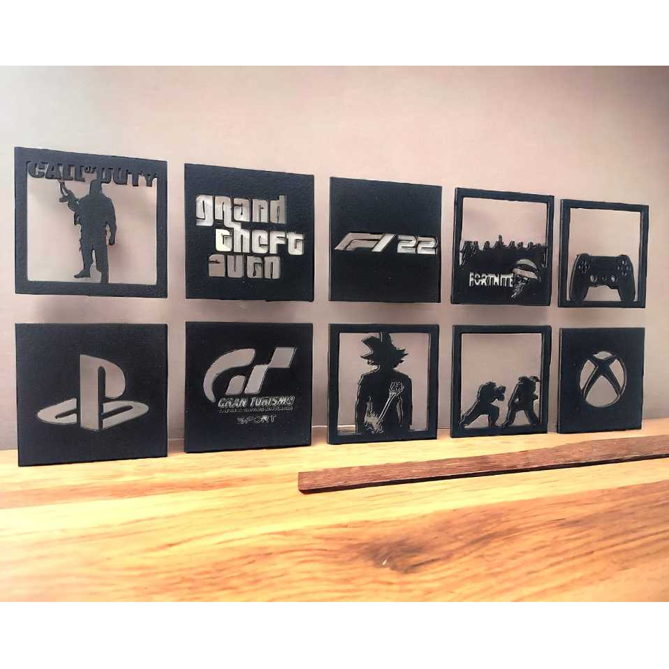 Kit Coleção 10 Mini Quadros Gamer 2 MDF 3mm vazados preto fosco 10cm x 1o cm