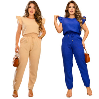 Kit 02 Peças Conjunto Feminino Casual Elegante Blusa Calça em Linho De Algodão com Babado Na Manga Cores Verão 2023 Roupa Feminina Social Festa Uniforme Fardamento Promoção Imperdível
