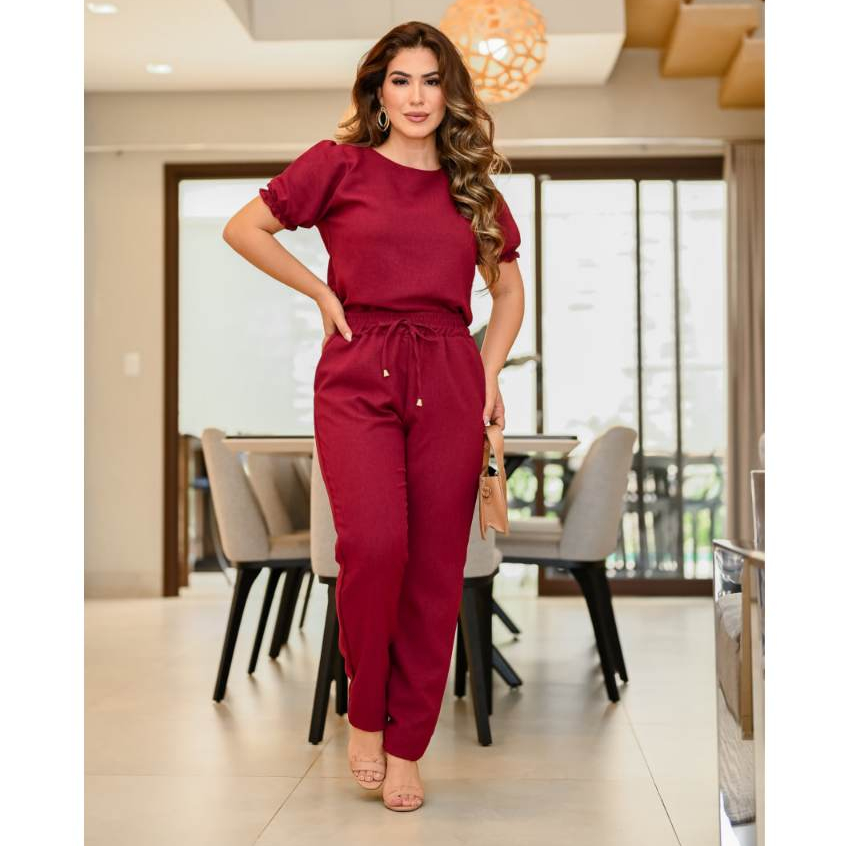 Conjunto Social Casual Scrub Feminino Casual Social Elegante Blusa Calça Tecido em Linho de Algodão Alfaiataria Nova Coleção Tendência Pantone Cores 2024 Confortável Roupa Feminina Promoção Exclusiva