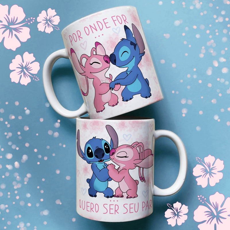 caneca personalizada namorados Stich e angel por onde for quero ser seu par