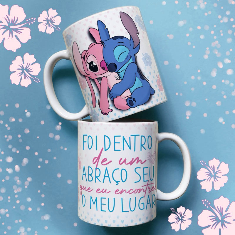 caneca personalizada namorados Stich e Angel foi dentro do seu abraço que encontrei meu lugar