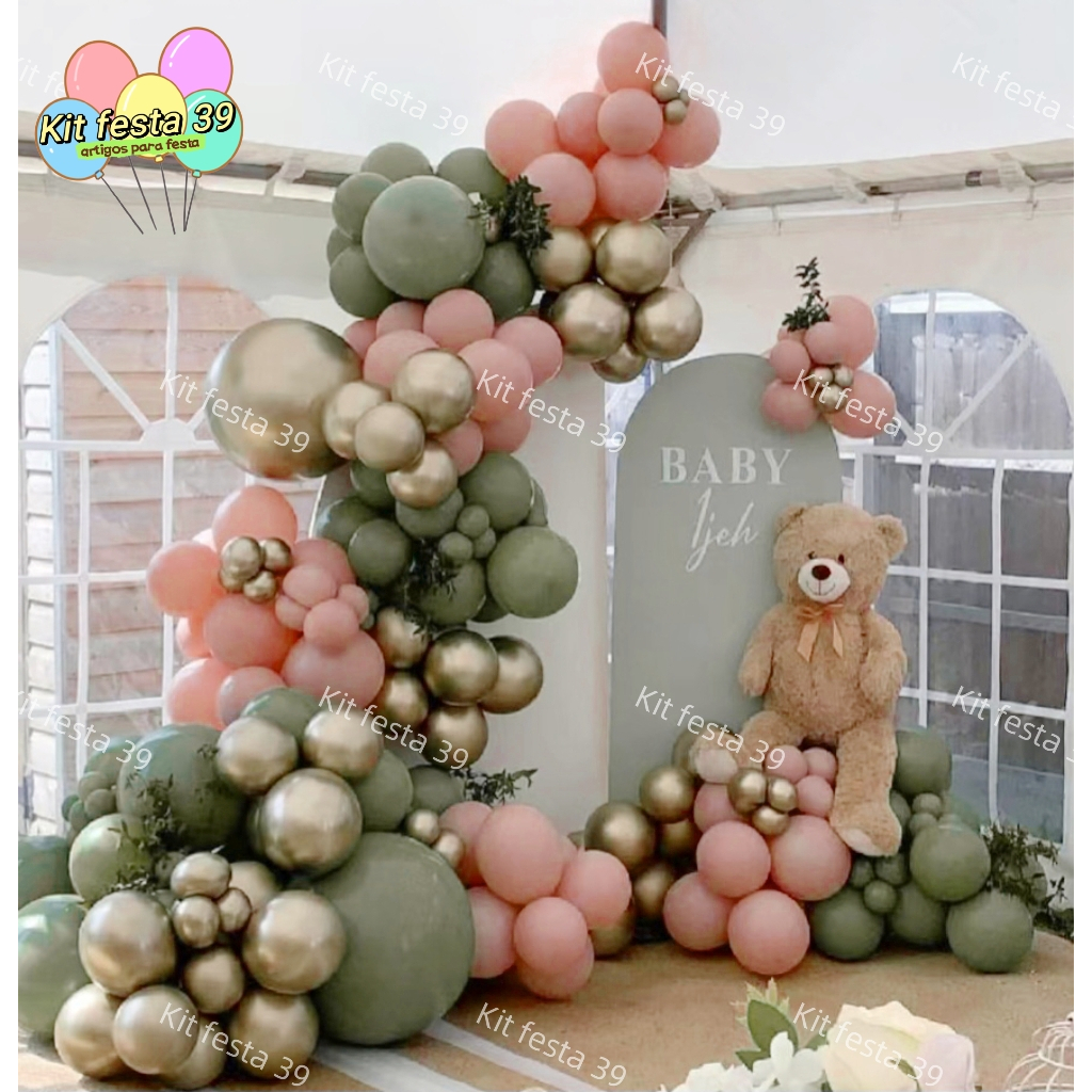Kit 125 Balões Bexiga Liso Verde Eucalipto Rose Cromado Dourado Metalizado Decoração Festa Aniversário em Oferta na Shopee