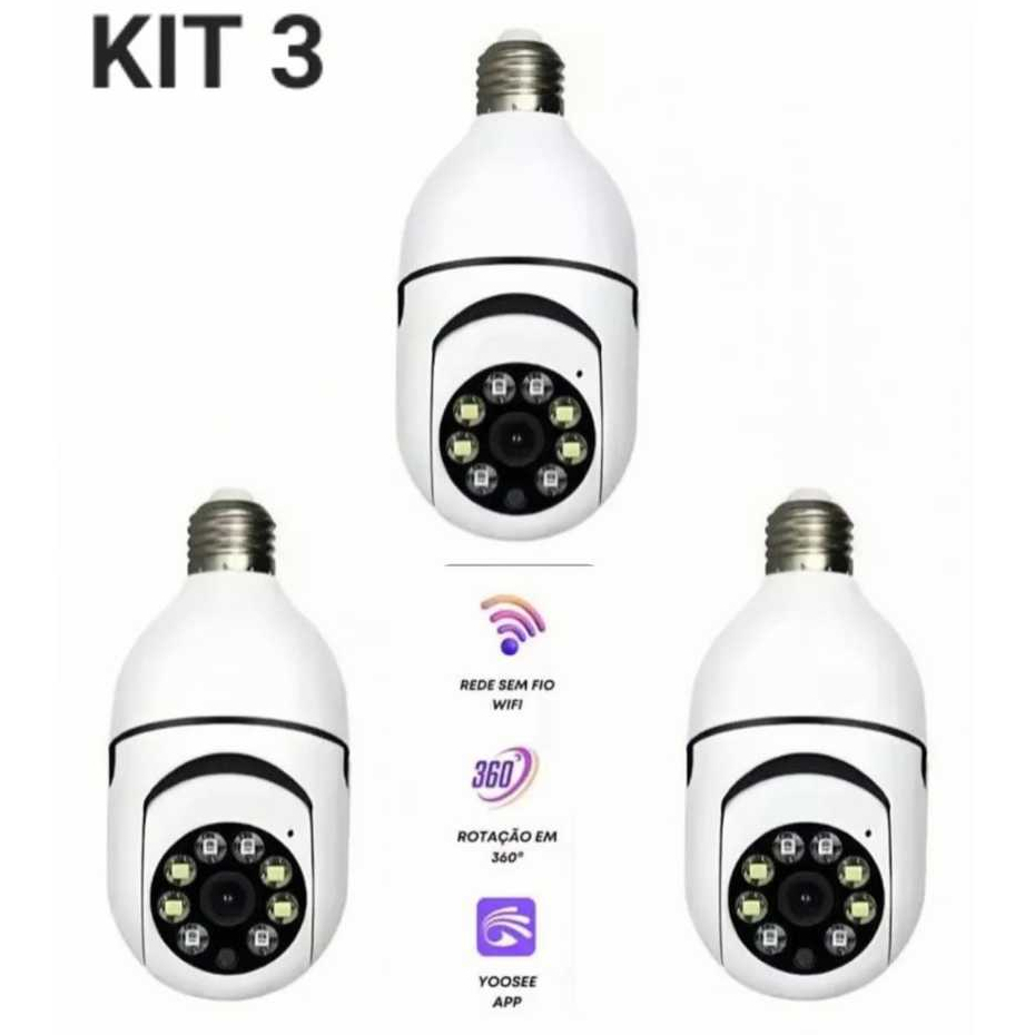 kit 3 câmera segurança wi-fi ip sem fio 360 encaixe lampada aplicativo yoosee ptz full HD visão noturna - bivolt