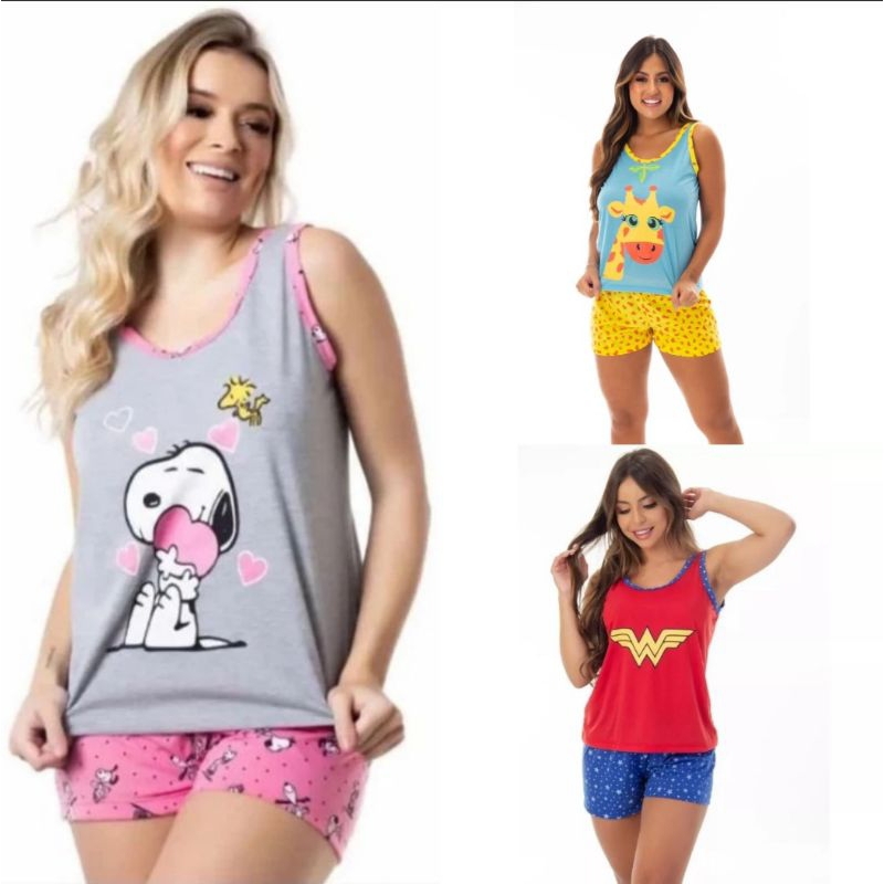 Pijama Short Doll Feminino regata adulto Roupa de Dormir Estampado