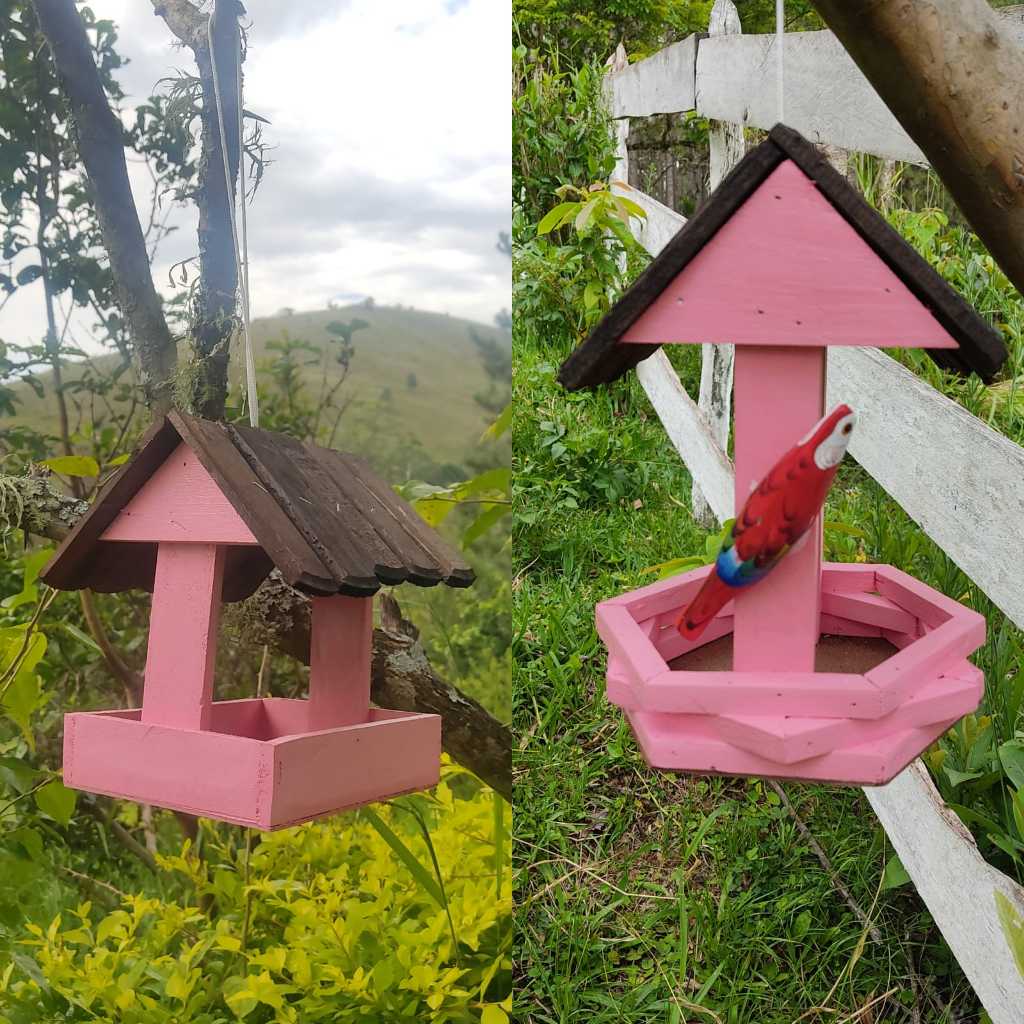 Kit 2 Comedouros para Passarinho da Cor Rosa  - Artesanatos - Quintal - Varanda - Jardim