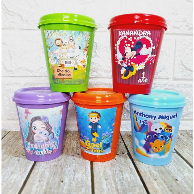 Kit 20 Copos Personalizados com Tampa 160ml | Lembrancinha Festa Infantil | Nome, idade e Tema