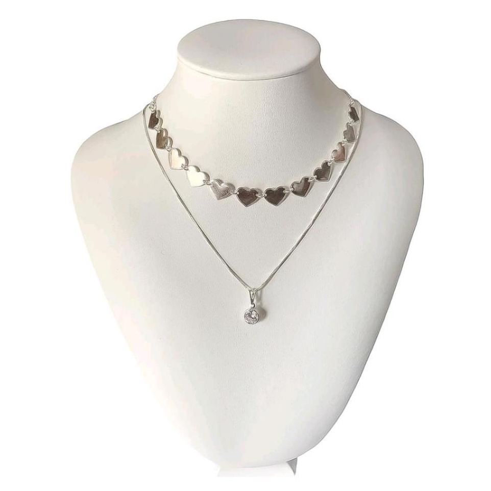 CONJUTO COM 3 PEÇAS - Colar Corrente e Brinco Feminino Ponto de Luz Prata 925 + Gargantilha Choker de Coração prata 925