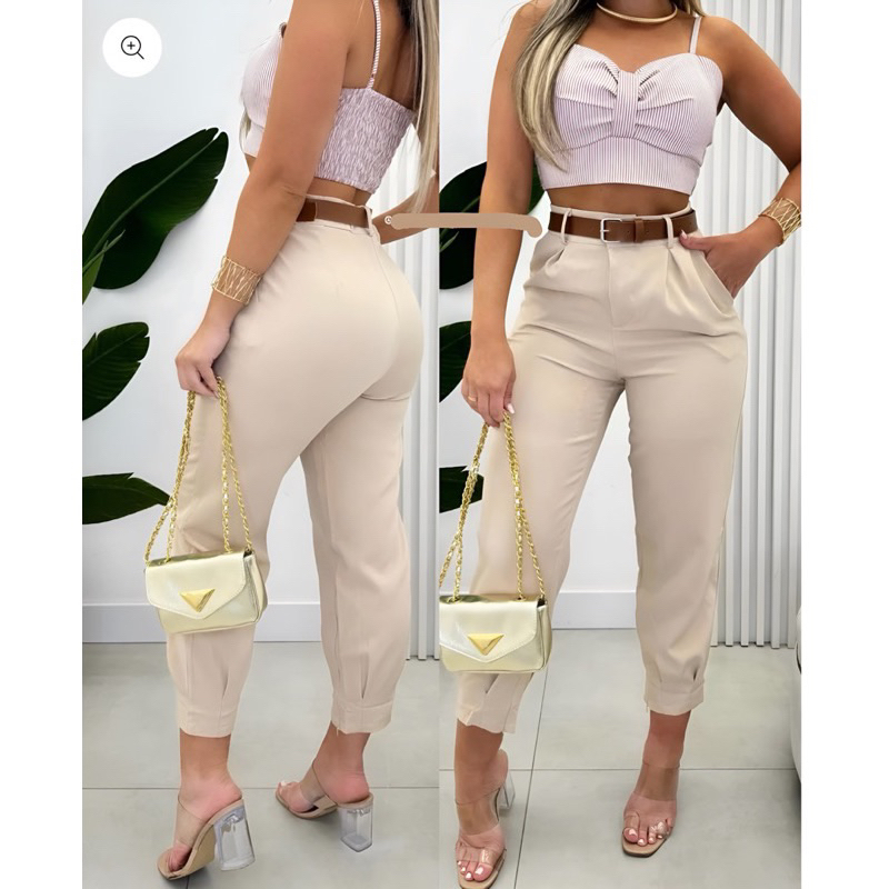 Calça Cenoura Estilosa De Alfaiataria Com Cinto em Oferta na Shopee
