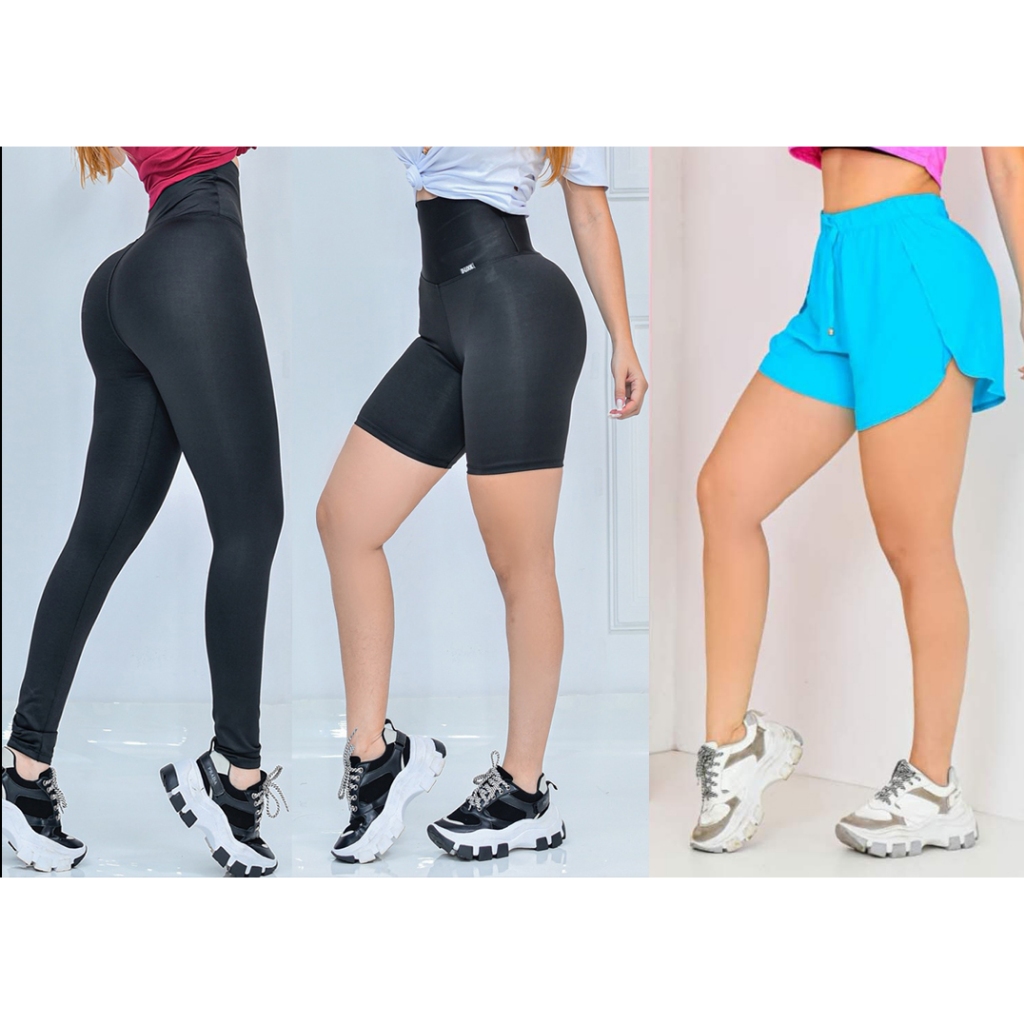 kit academia fitness treino 1 calça modeladora + 1 bermuda modeladora + 1 bermuda viscose de lacinho moda feminina crossfit