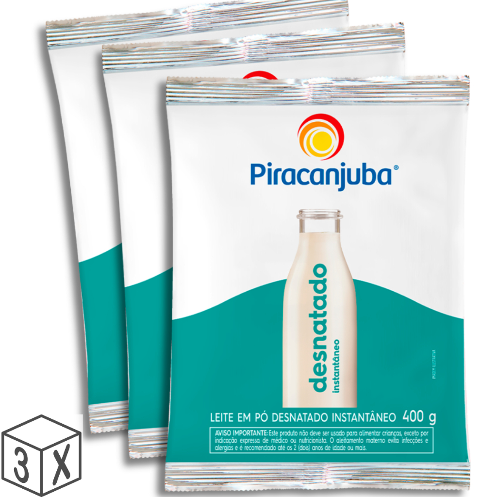 Pack 3 unidades Leite em Pó Desnatado Instantâneo Piracanjuba 400g - Kit com 3x400g