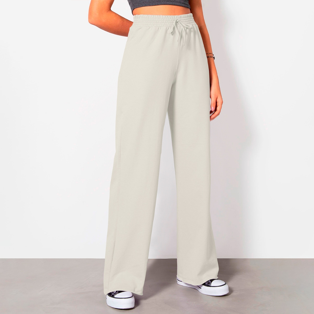 Calça Lisa Wide Leg Moletom Off White Estruturada Flare Cintura Alta Acinturada Plus Size ...
