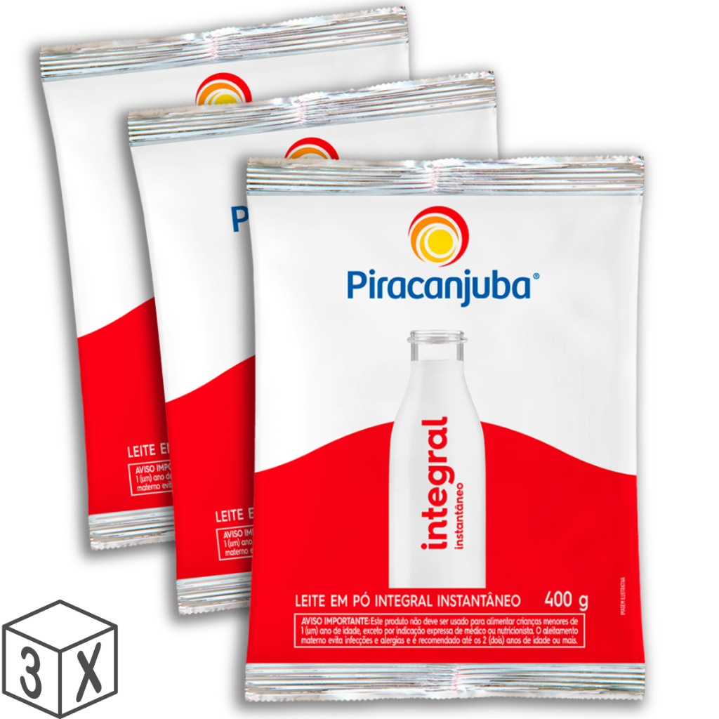 Pack 3 unidades Leite em Pó Integral Instantâneo Piracanjuba 400g - Kit com 3x400g em Oferta na Shopee