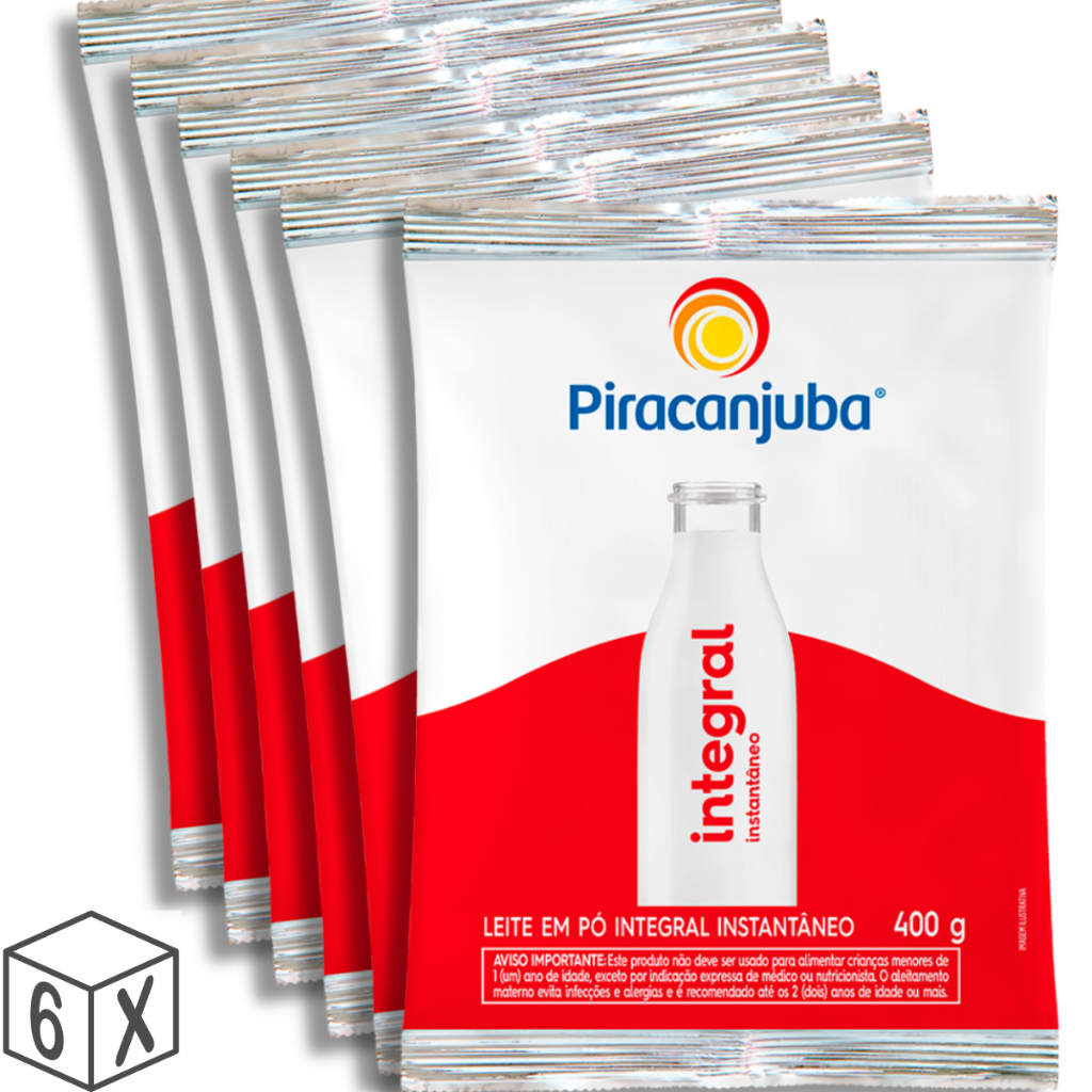 Pack 6 unidades Leite em Pó Integral Instantâneo Piracanjuba 400g - Kit com 6x400g