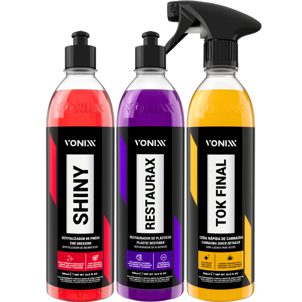 Kit Pneu Pretinho Shiny Brilho Intenso + Restaurax Revitalizador de Plásticos + Cera Tok Final Vonixx em Oferta na Shopee