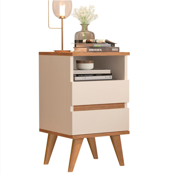 Mesa De Cabeceira Retrô Pés Palito 2 gavetas e Nicho - Pop - Off White/Cedro em Oferta na Shopee