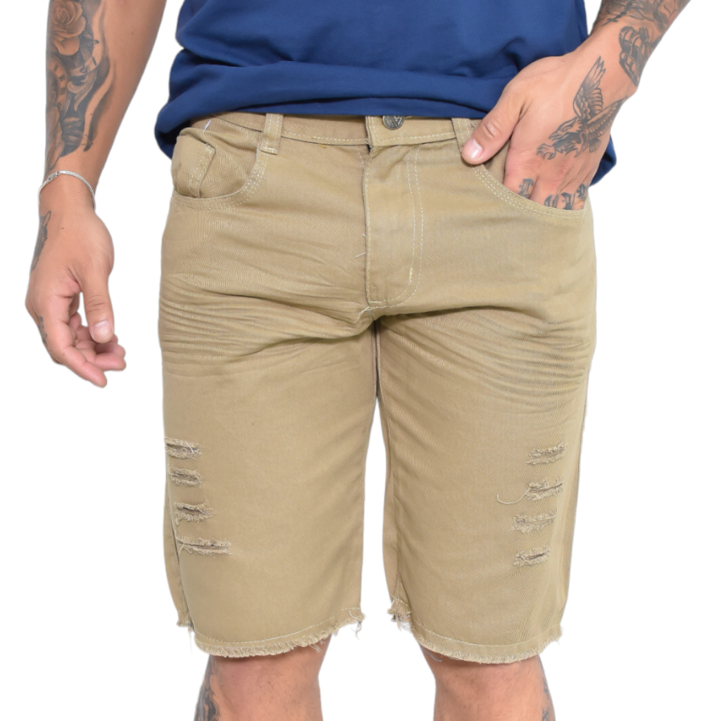 Bermuda Destroyed Skinny Algodao Elastano Rasgada Jeans ou Sarja Fecho de Botão e Zíper Laicra