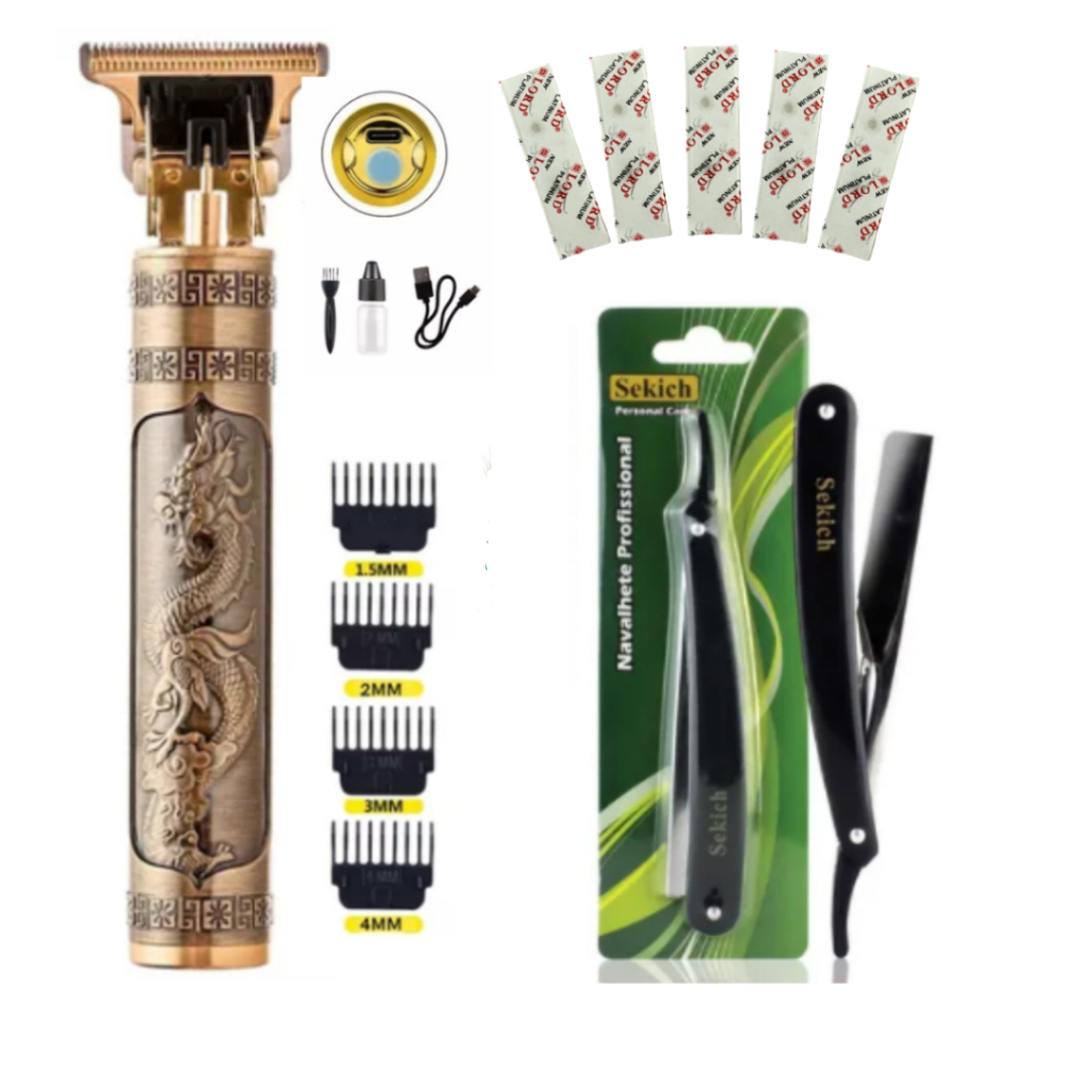 Kit Barbeador Dragon Profissional com Navalhete e 5 Laminas