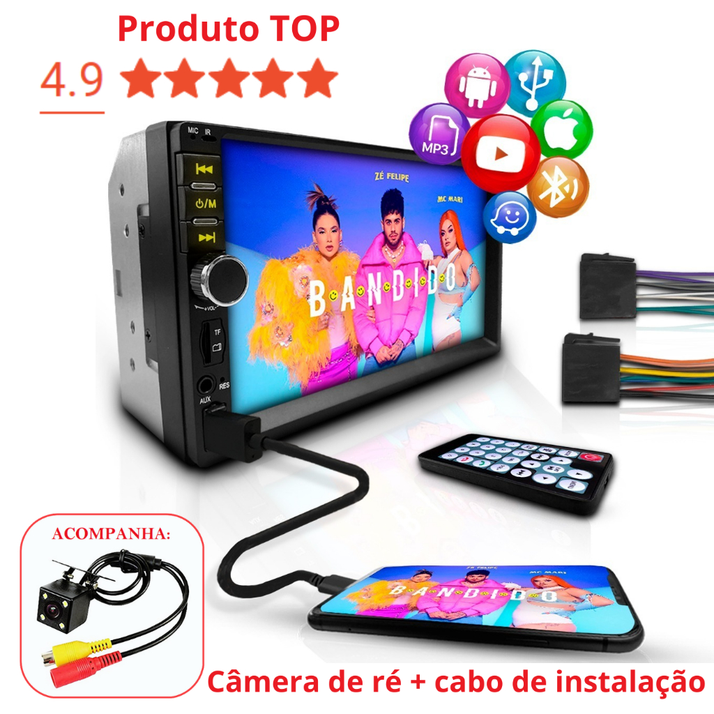 Central Multimídia Com Câmera de Ré 7 Polegadas 2din Espelha o Celular Bluetooth USB