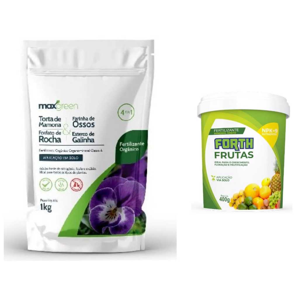 kit forth frutas + maxgreen 4x1 TORTA DE MAMONA-FARINHA DE OSSOS-FOSFATO DE ROCHA-ESTERCO DE GALINHA organico