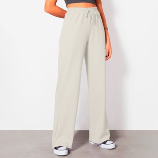 Calça Ampla Alta Tendência Reta Off White Moletinho Barra Flare Plus Size Moletom Fio Pant...