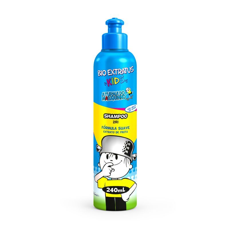 Shampoo Bio Extratus 2 X 1 Kids 240mL fórmula suave e segura, extrato de fruta. Não irrita os olhos