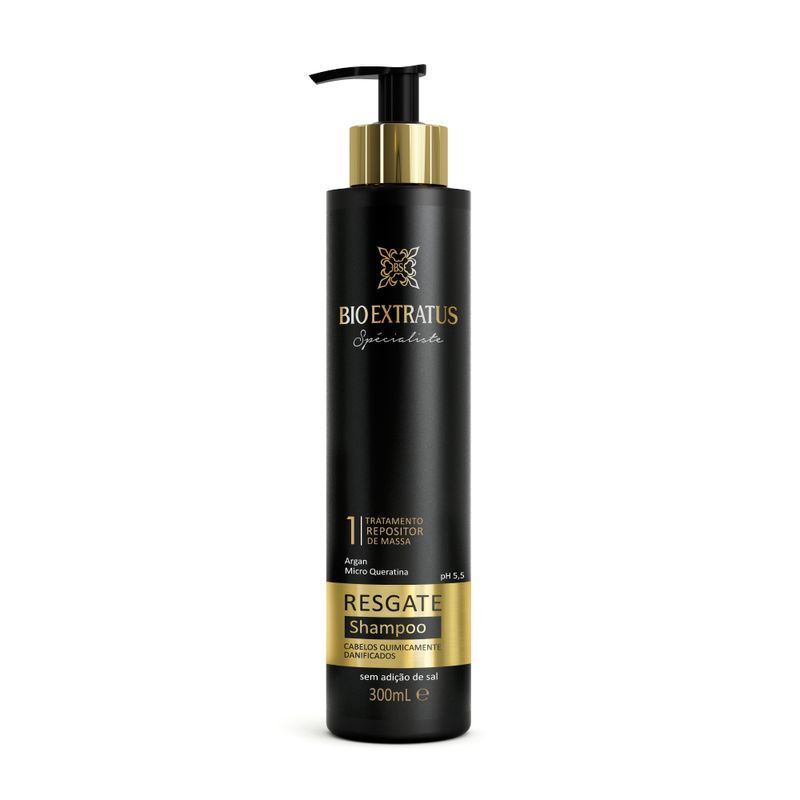 Shampoo Spécialiste Resgate 300mL Bio Extratus recupera o brilho e o balanço dos fios, indicado para cabelos quimicamente danificados, com Argan e Micro Queratina
