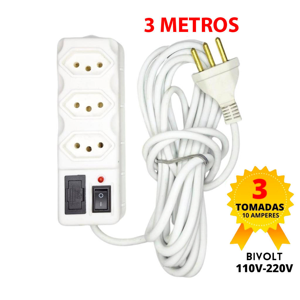 Filtro de Linha Branco 3, 4, 5 e 6 Tomadas Régua Elétrica 3 e 5 METROS