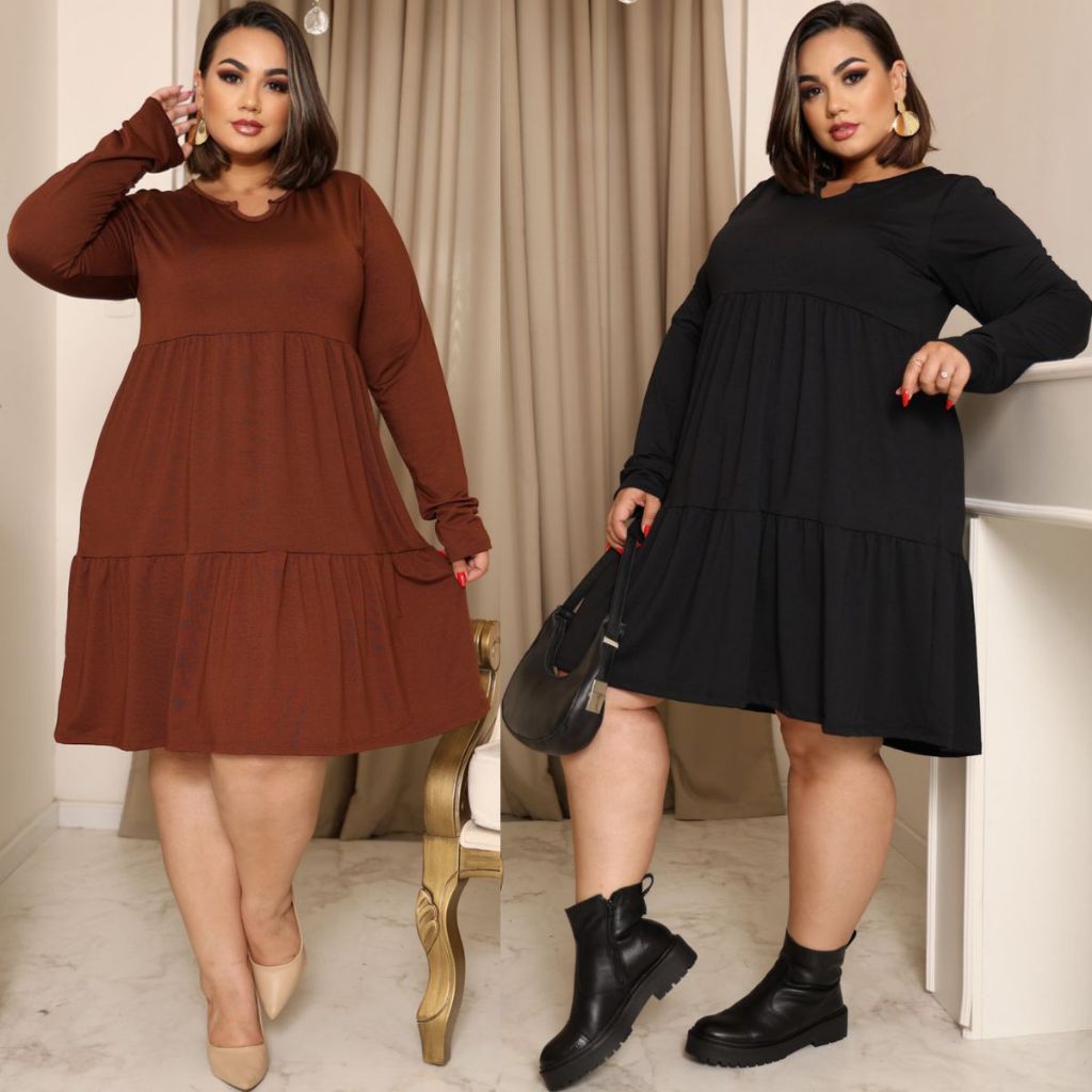 Vestidinho Midi Gode Curto C Mangas Compridas Plus Size Luxo Cós Alto