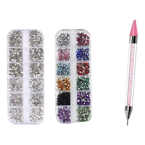 Caixa Strass Colorida e Prata + Caneta Strass