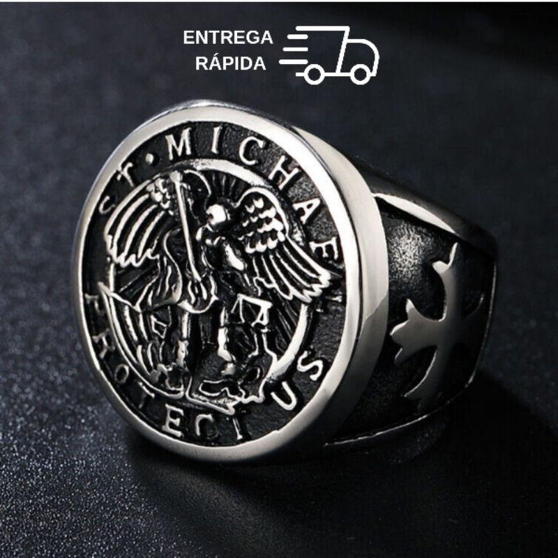 Anel Masculino São Miguel Arcanjo Prata Dedeira Religiosa Moda Executivo Rústico Aço Inoxidável 316L