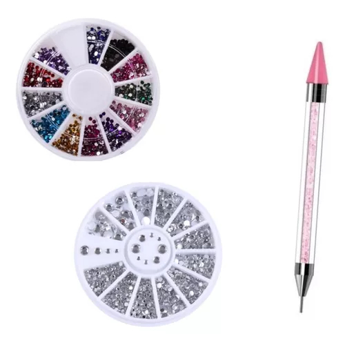 Caneta Pega Strass + Strass Colorido Prata Nail Art Unha