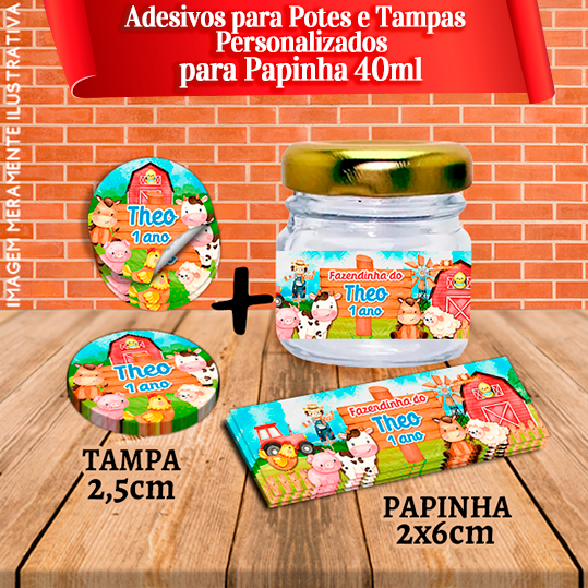 Kit  Rótulos adesivos para Papinhas e Tampas de 40ml 40g Fazendinha Aquerelado