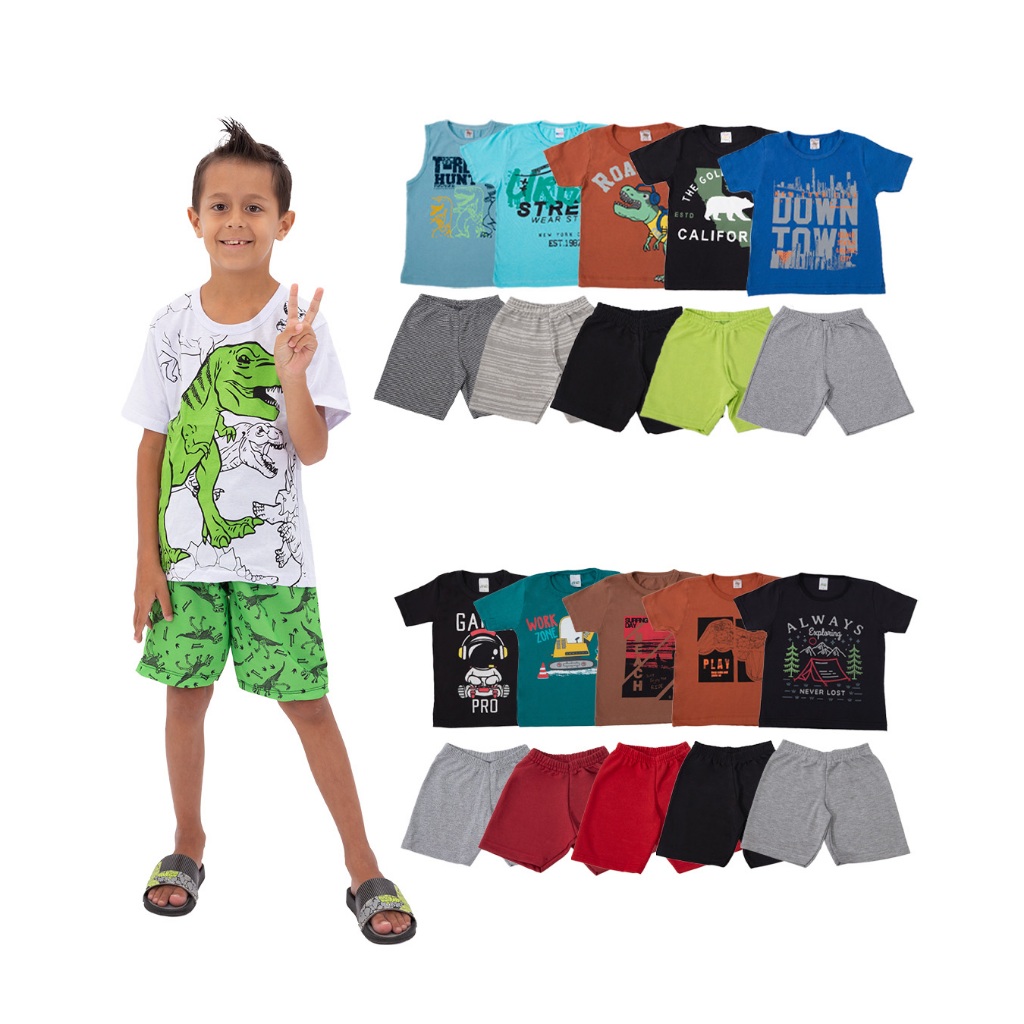 KIT  Sortido com 10 peças Infantil menino 4 Camisas + 1 Regata + 5 Bermudas.  Regata + camisa+short