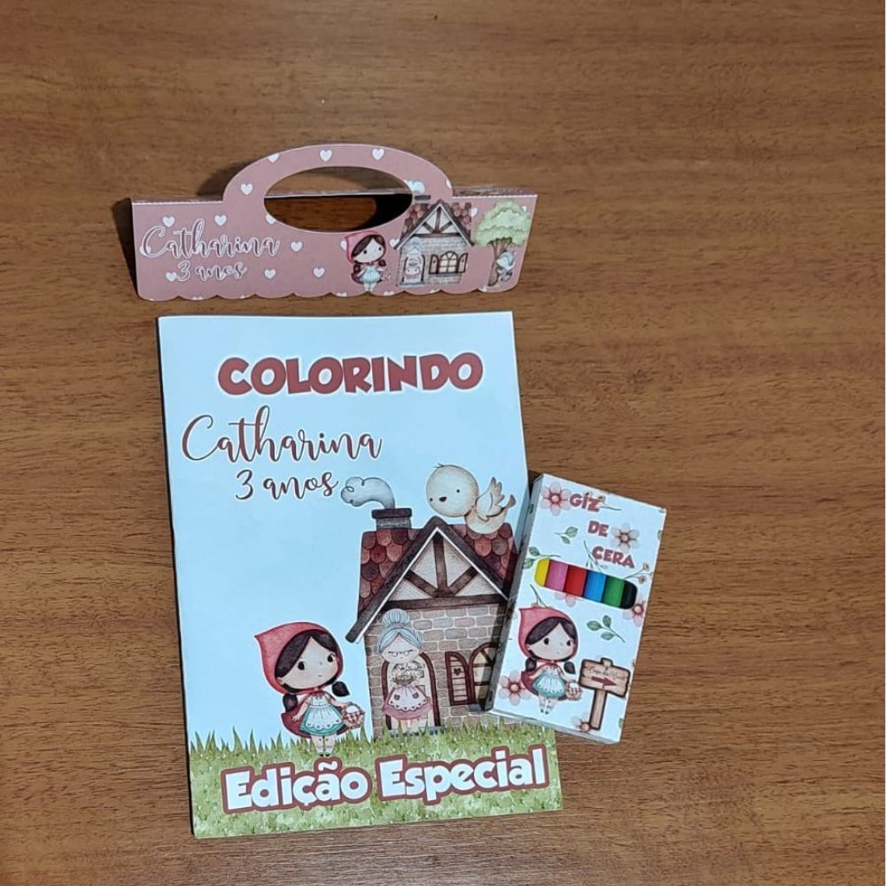 Kit Livrinho de Colorir + Giz de Cera Chapeuzinho Vermelho Aquarela - FOTO REAL - Papel Fotográfico Glossy (com brilho) - LEIA A LEGENDA