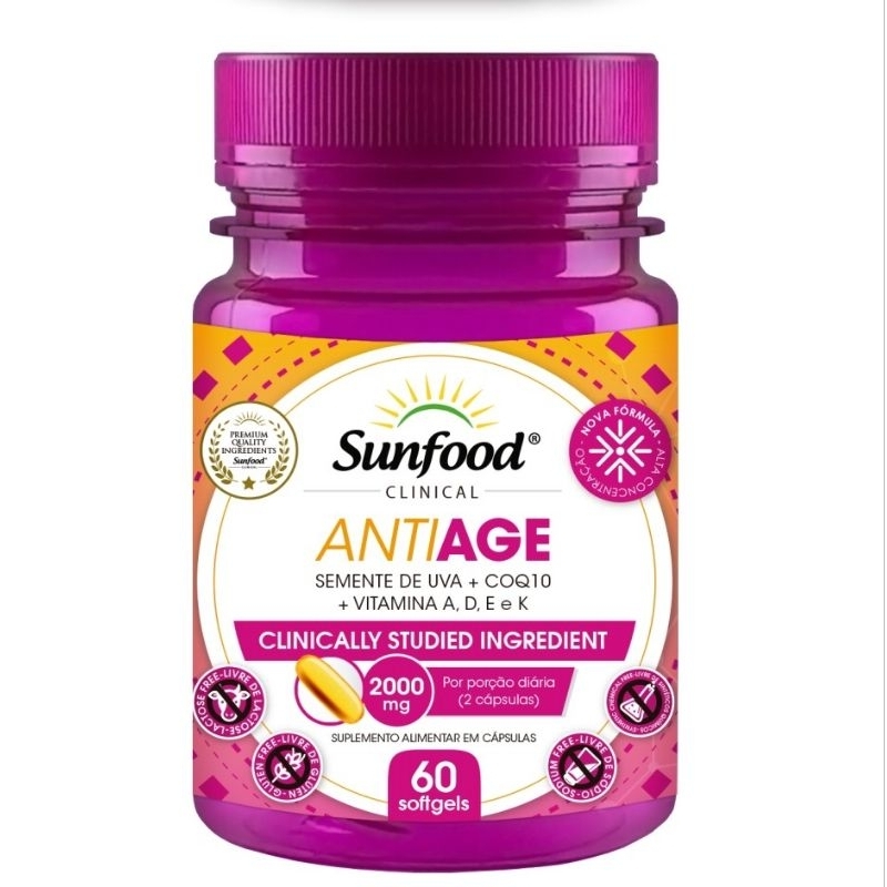 Anti Age Semente de Uva + Coq10 + Vitamina A, D, E, K 2000mg 60 Cápsulas Sunfood