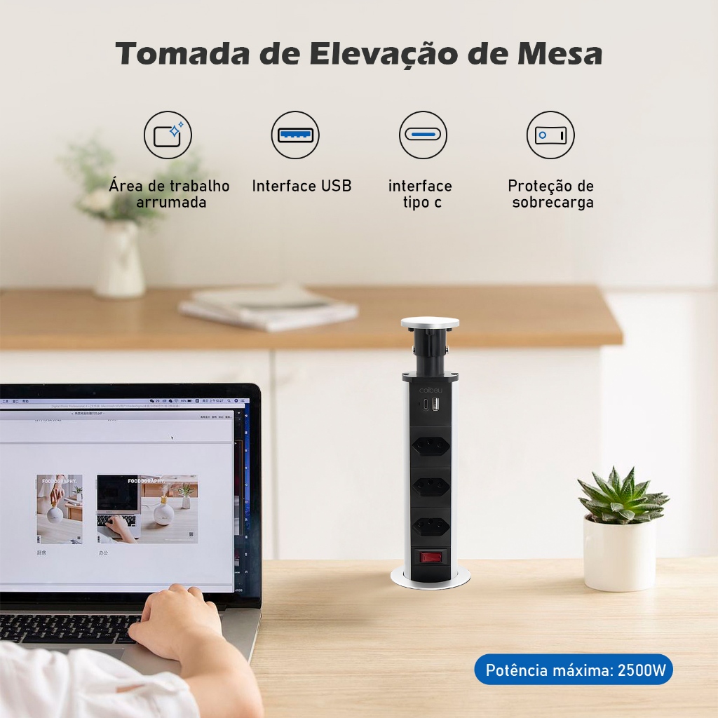 COIBEU Torre De Tomada Multiplug Retrátil 2500W Bivolt com 3 tomadas Inmetro e 1 USB 1 Type C Embutir Mesa bancada