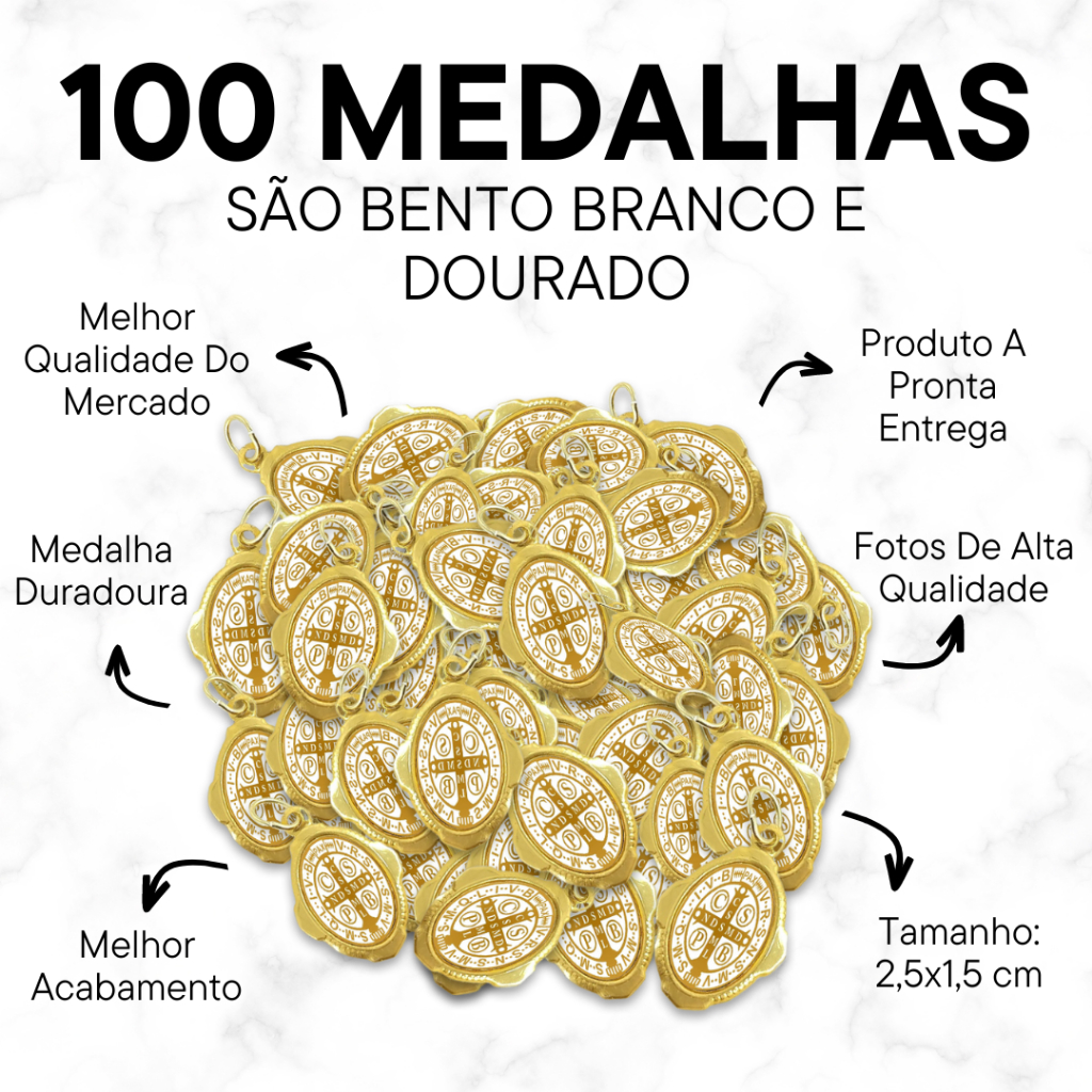 100 Unidades - Medalha São Bento Branco e Dourado Medalha Chapa Resinada Artigos Religiosos