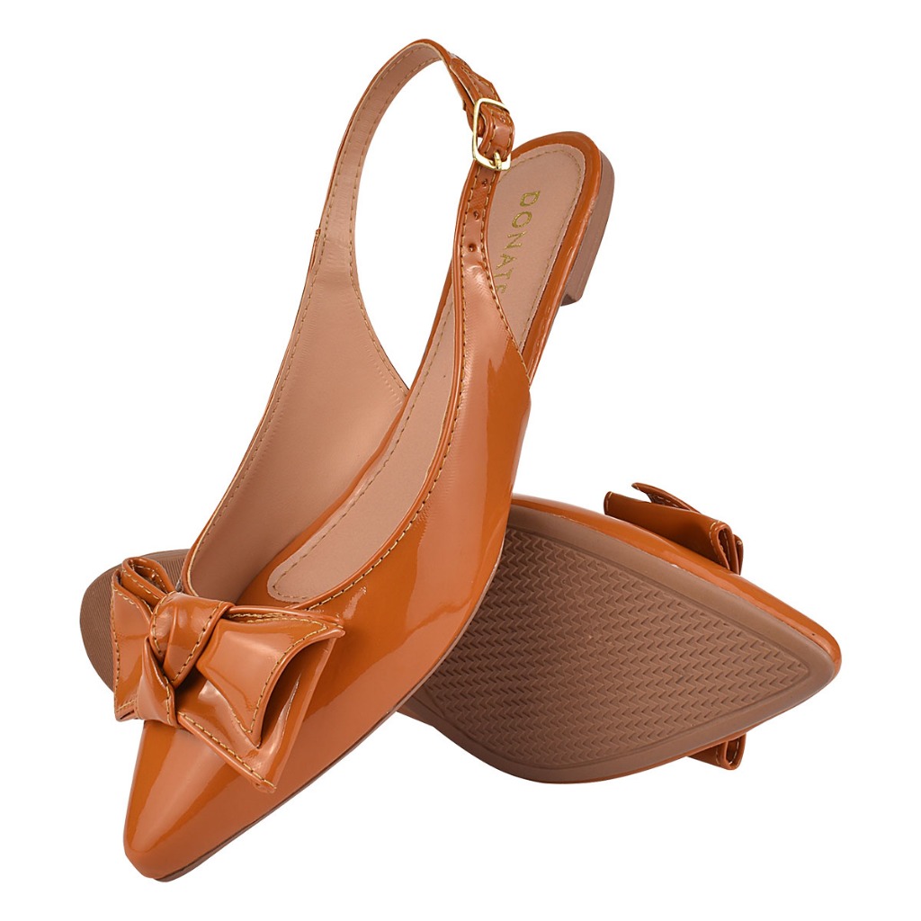 Sapatilha Feminina Mule Slingback Rasteira Laço Verniz Brilho Novo Confort Bico Fino Fivela