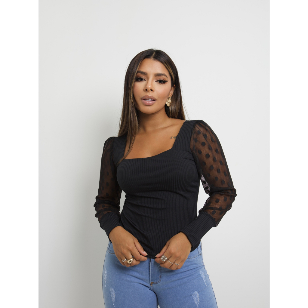 Blusa Feminina Manga Princesa Poa Bolinhas Tule Bufante Decotada Blogueiras