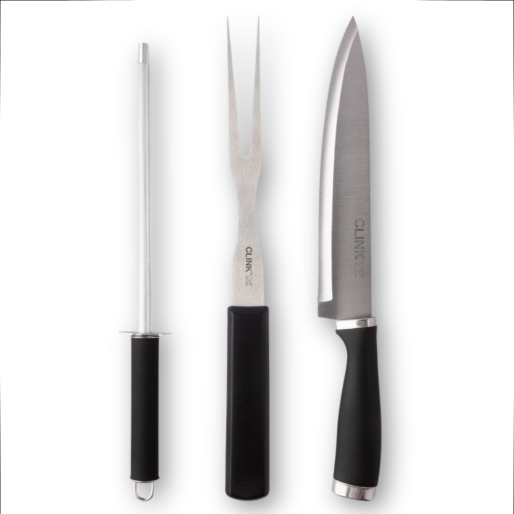 Kit Churrasco Aço Inox Garfo Faca Chaira 3pçs