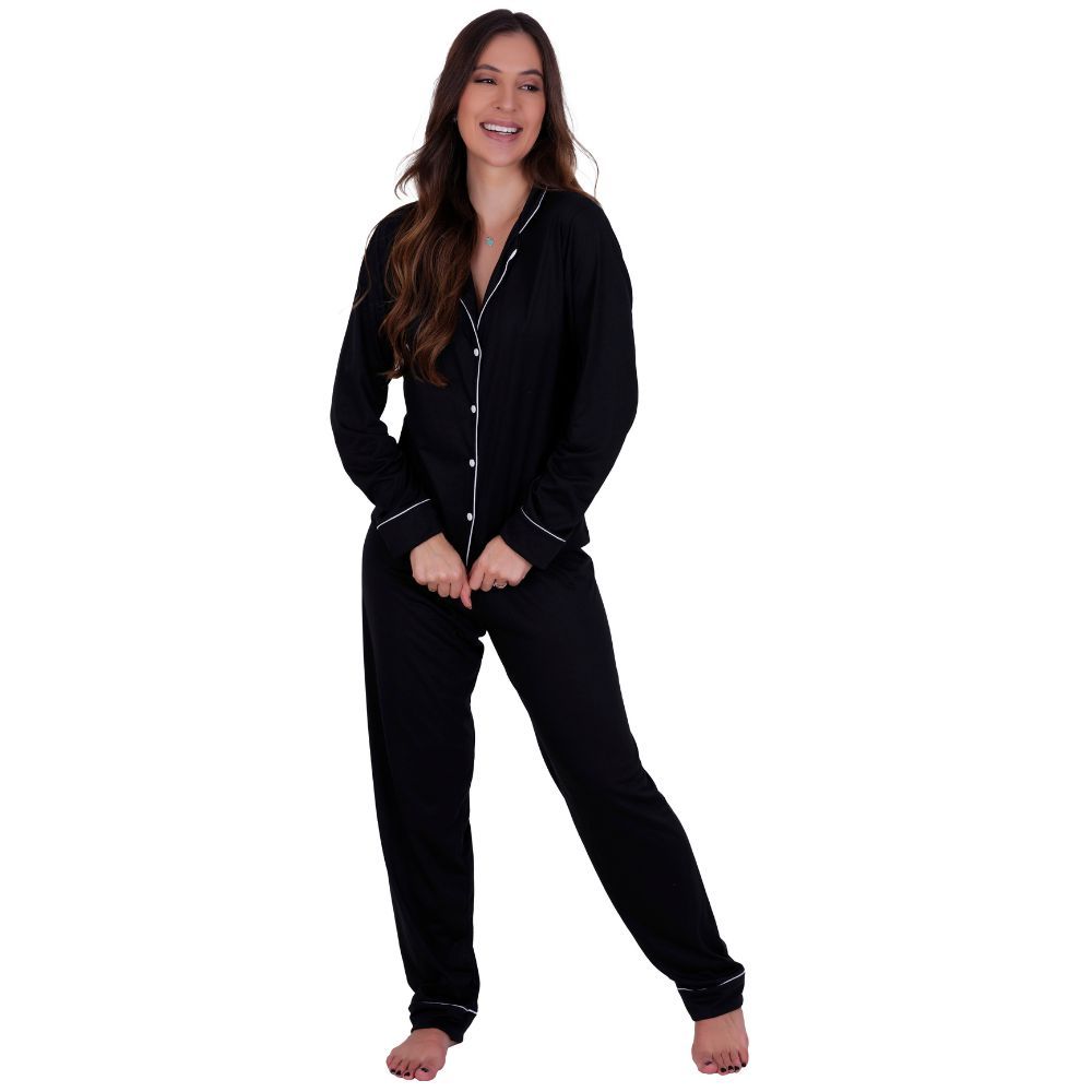 Pijama de Inverno com Gola Americano com Botões para Amamentação Manga Longa e Calça Mayara