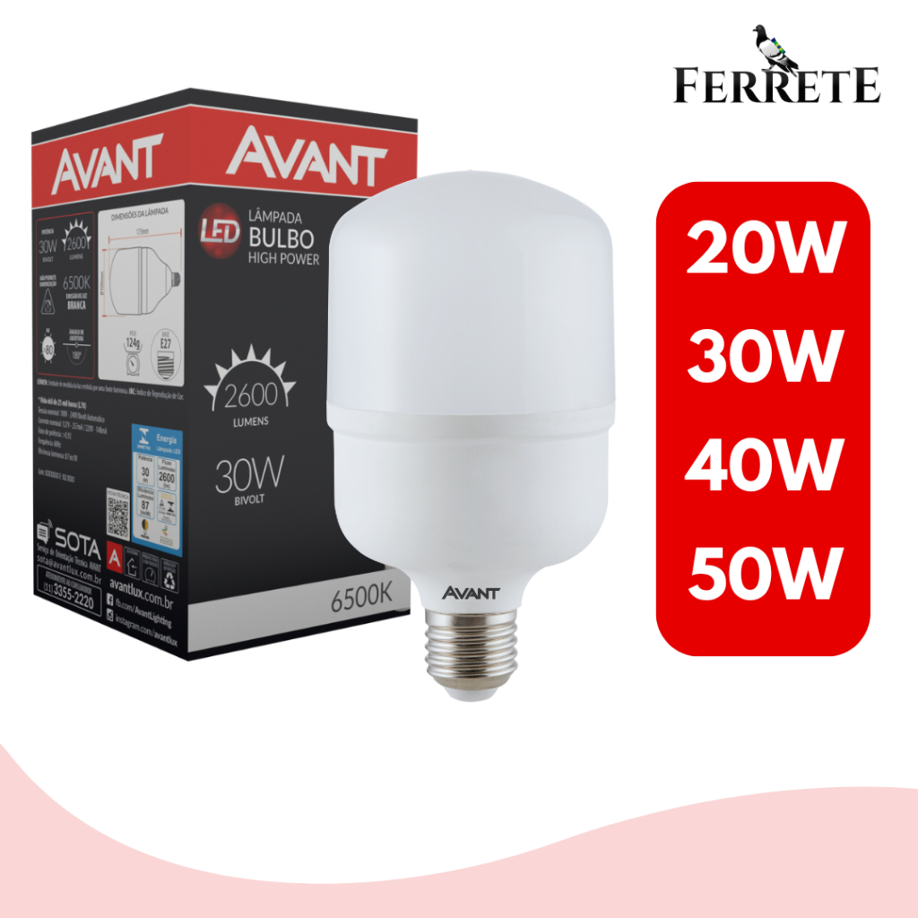 Lâmpada de LED bulbo 20w, 30w, 40w, e 50w. 6500k luz branca Avant em Oferta na Shopee