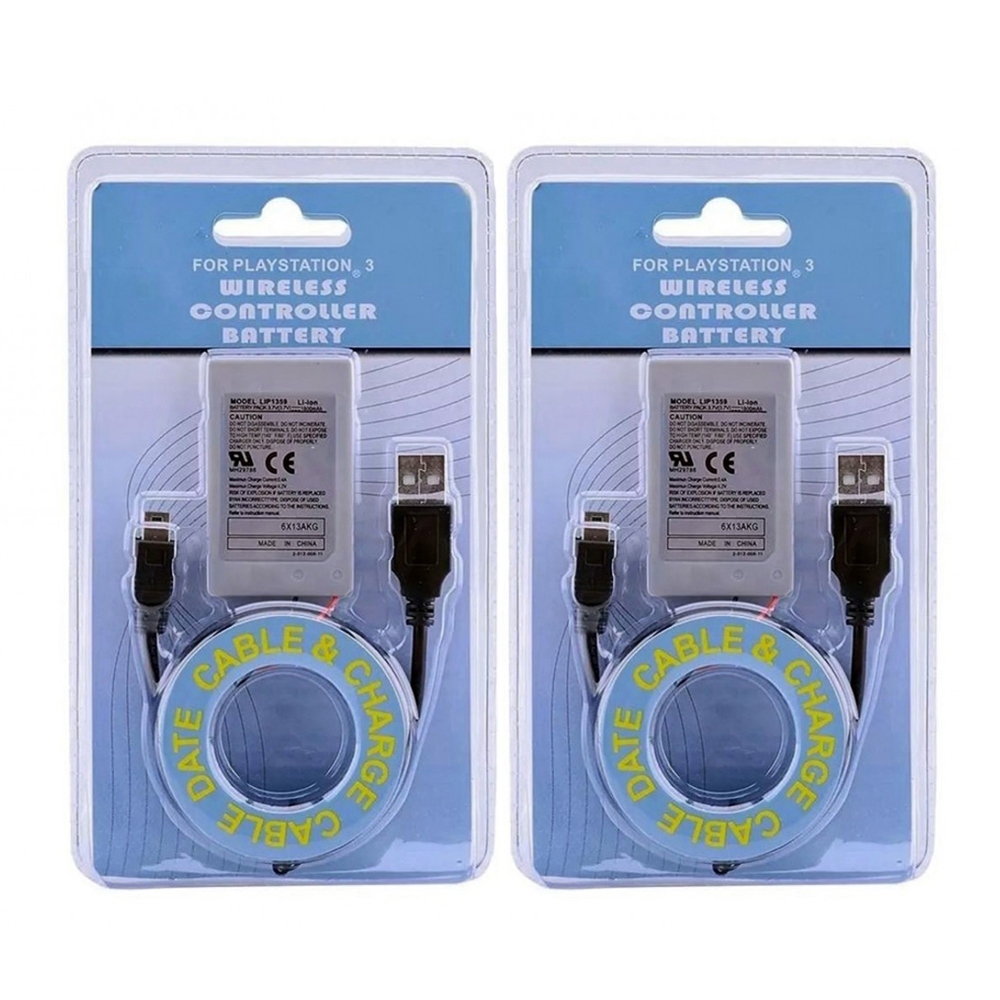 Kit 2 Baterias Recarregável Compatível Manete Console Ps3 Playstation 1800mah + 2 Cabo USB
