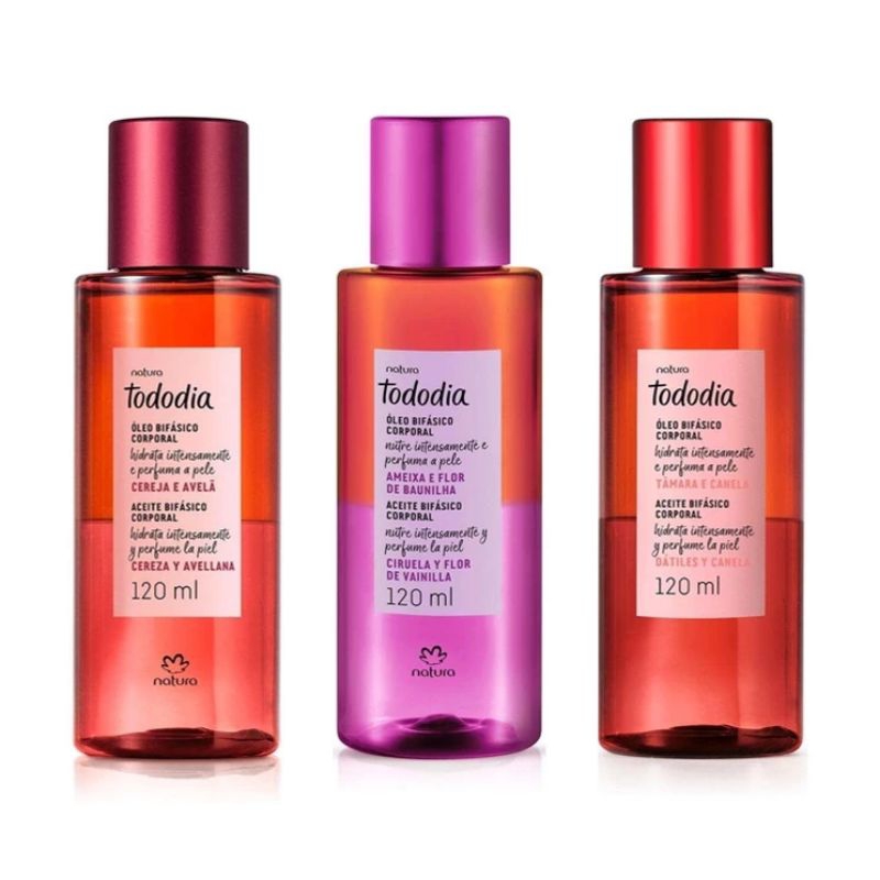 Óleo Bifasico Natura Tododia 120ml ( cereja e Avelã,  Tamara e Canela , Ameixa e flor de Baunilha).