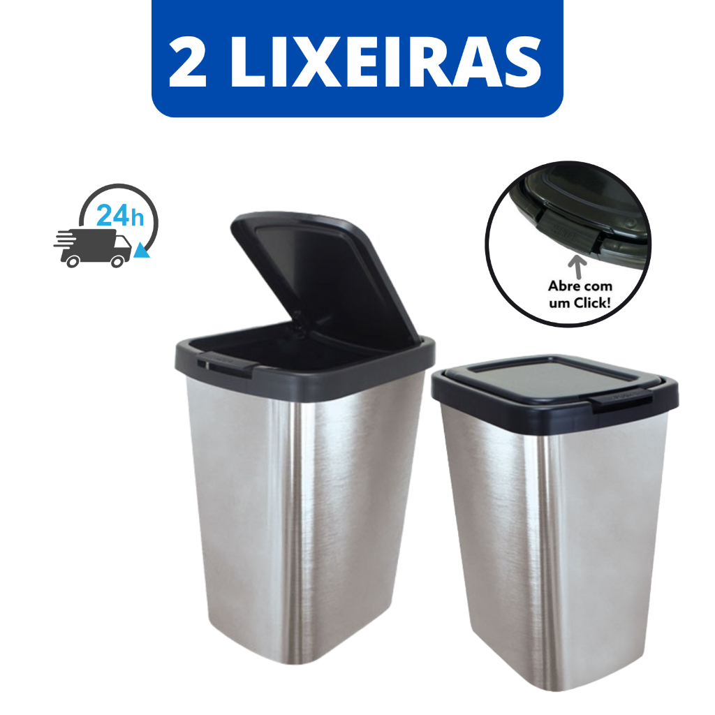 Lixeira Cozinha e Banheiro 2 Unidades Inox Metalizado Com Tampa Click Label   Escritório Quarto Lixeira Quadrada Resist em Oferta na Shopee