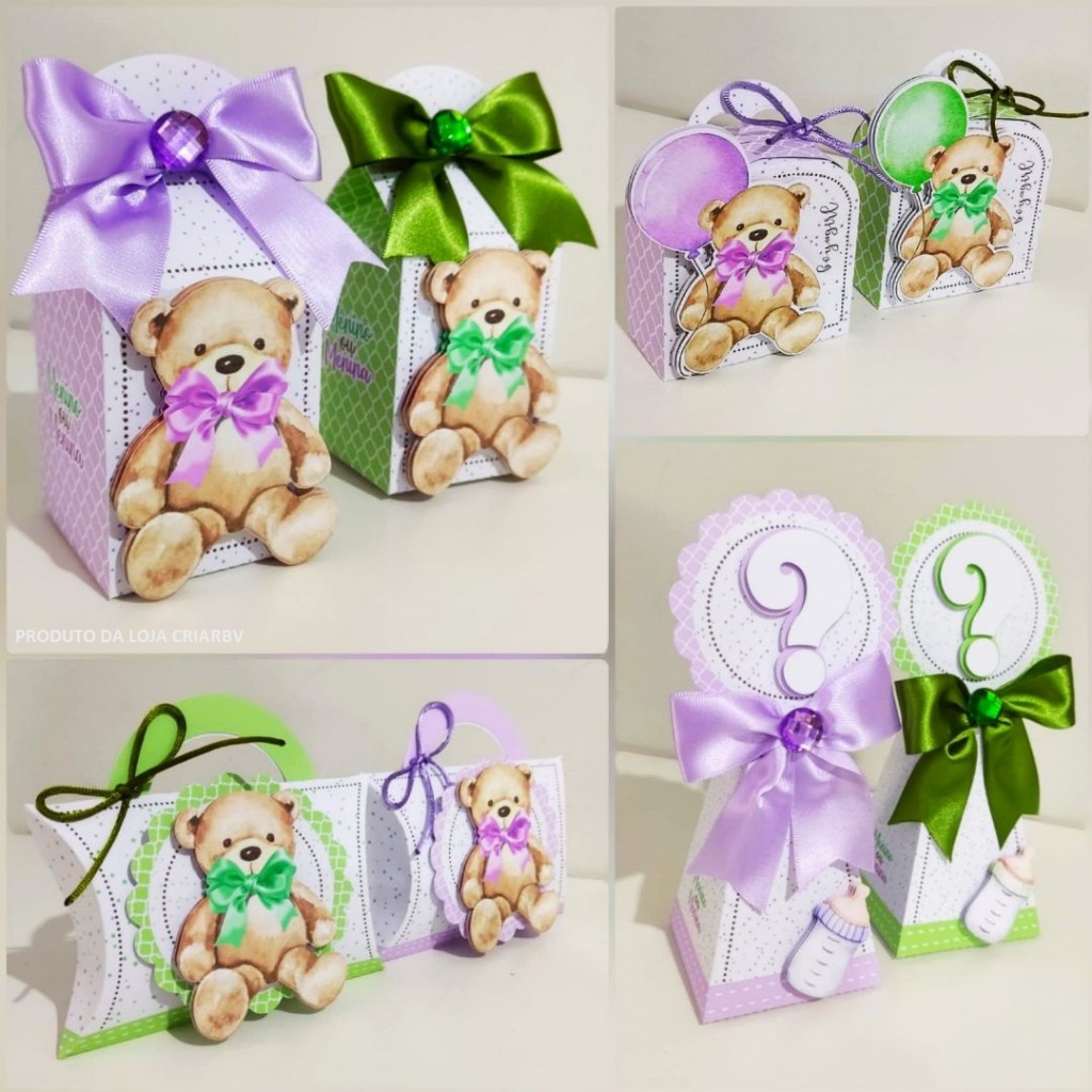 Kit lembrancinha personalizada chá de revelação verde e lilais ursinhos caixas scrap