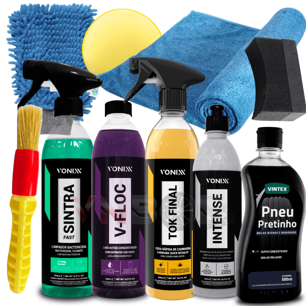 Kit Shampoo VFloc Cera Tok Final Sintra Fast Intense Vonixx Pneu Pretinho Aplicador Toalha Microfibra Kit Lavagem Completa Carnauba Brilho Intenso Protecao Plasticos Internos Limpa Tudo Universal Pincel
