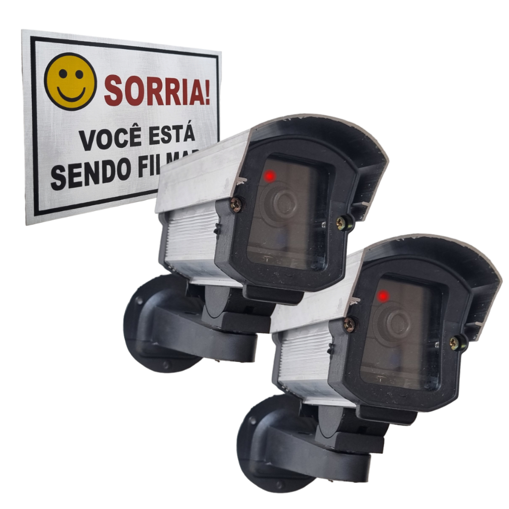 Kit 02 Câmeras Falsas Micro com Led Bivolt + Placa Sorria