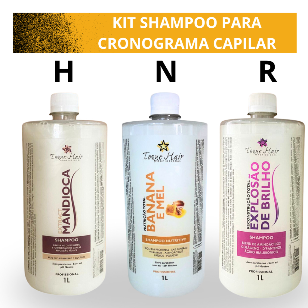 Kit 3 Shampoo 1l cada Para Cronograma Capilar - Nutrição - Reconstrução e Hidratação. Explosão de Brilho, Mandioca e Banana e Mel. Porfissional