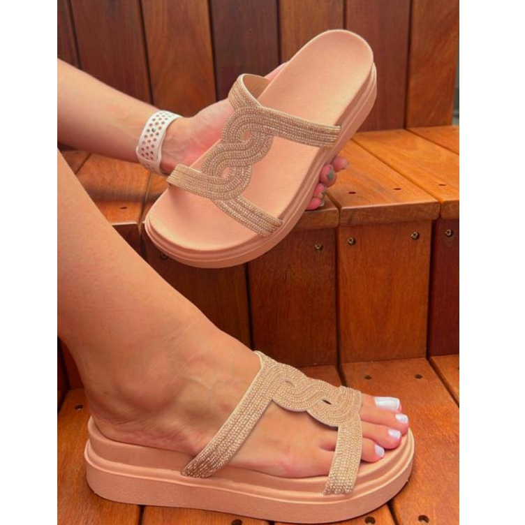 Sandalia Papete Alta Conforto Modelo Birken Stras pedrarias papete flatform Miami